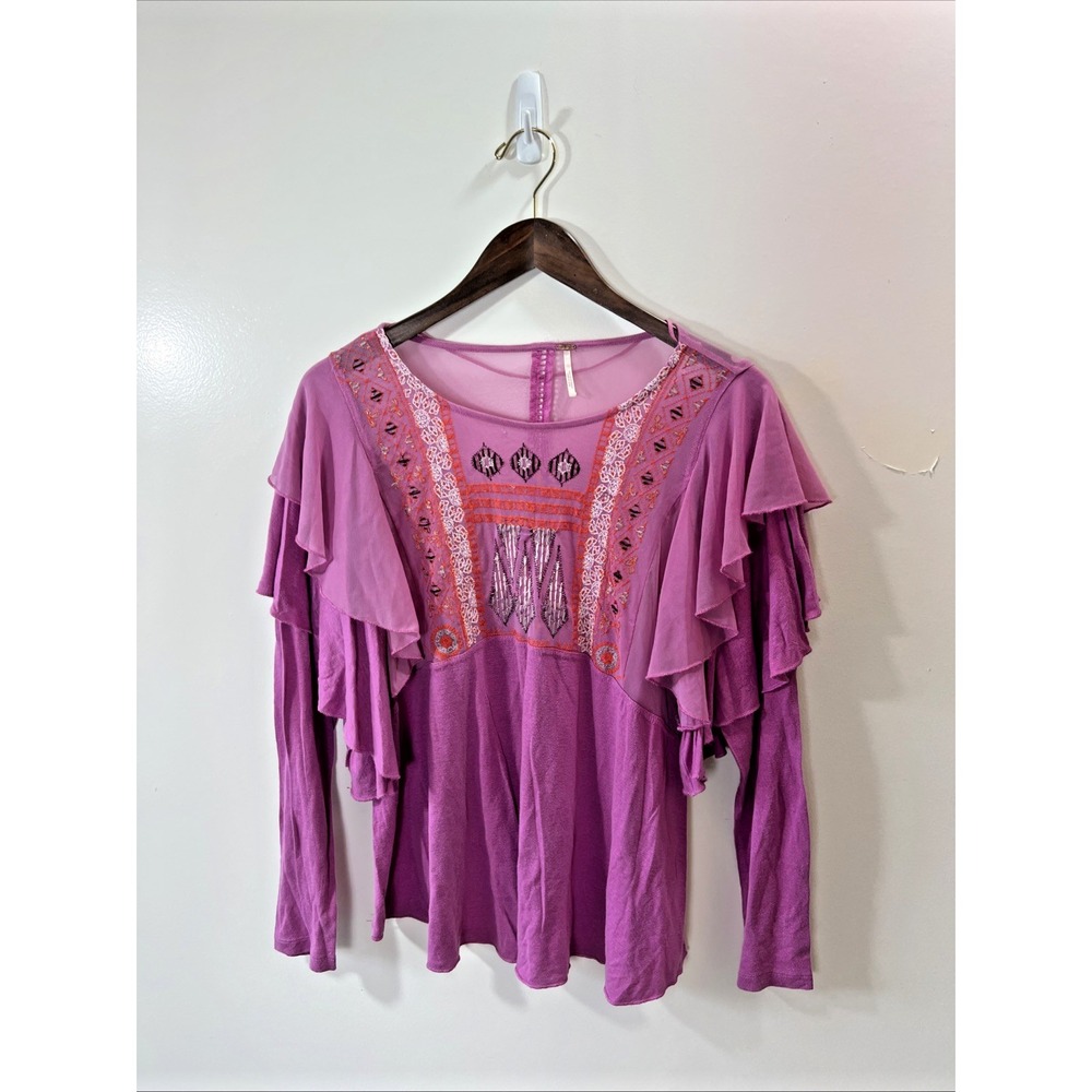 Free People‎ Womens Embroidered Mesh Blouse Top S Boho Peasant Ruffle Festival